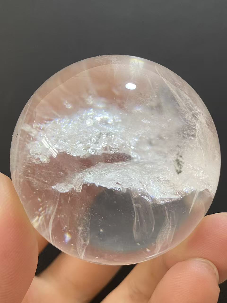 Natural Clear Quartz Sphere With Inner White Mineral Inclusions, Decorative Mineral Ornament