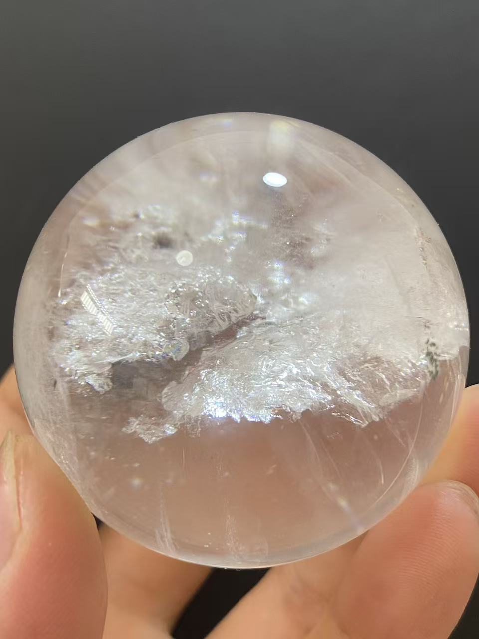 Natural Clear Quartz Sphere With Inner White Mineral Inclusions, Decorative Mineral Ornament