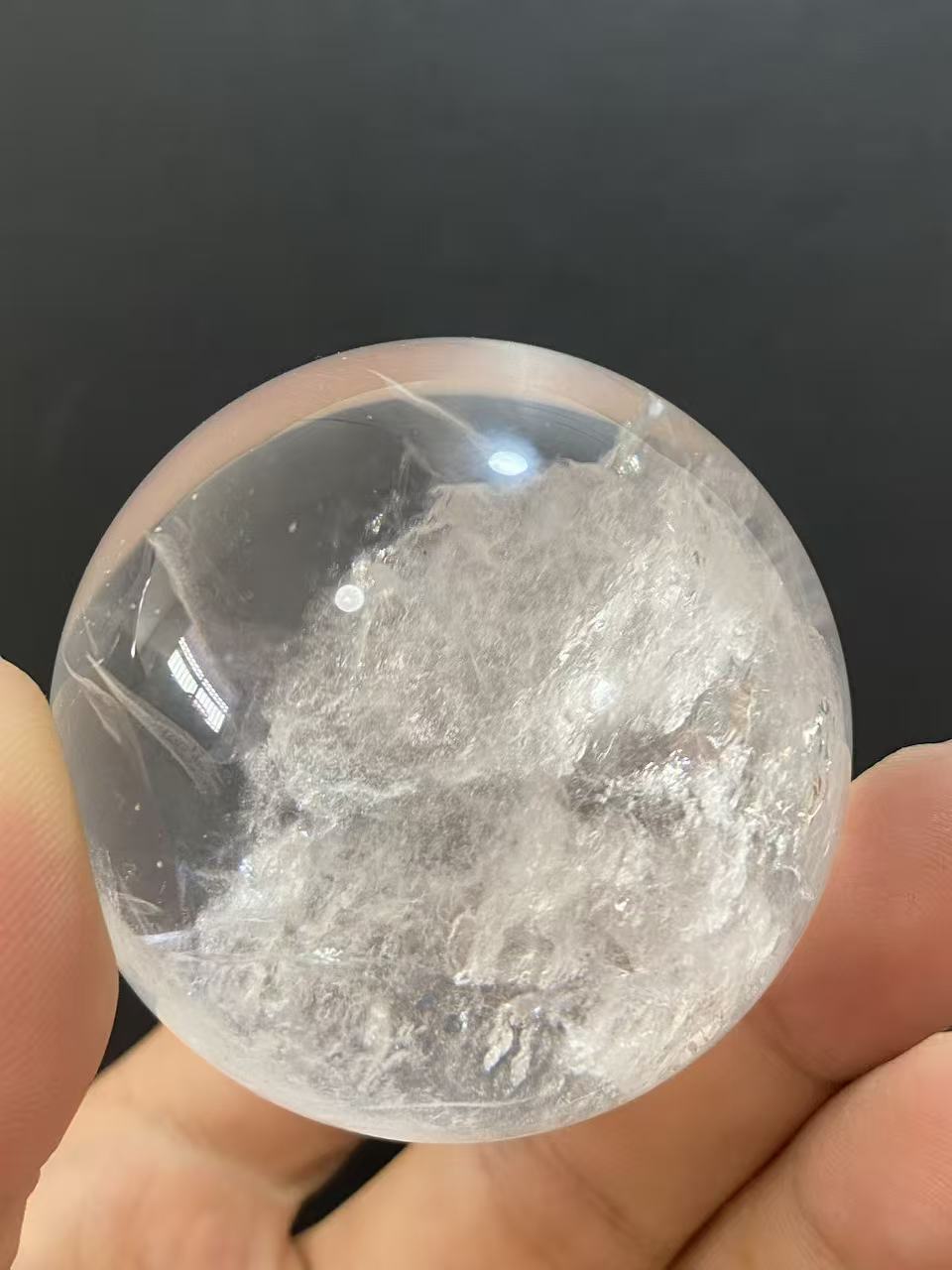 Natural Clear Quartz Sphere With Inner White Mineral Inclusions, Decorative Mineral Ornament