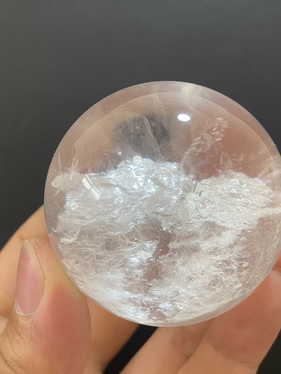 Natural Clear Quartz Sphere With Inner White Mineral Inclusions, Decorative Mineral Ornament