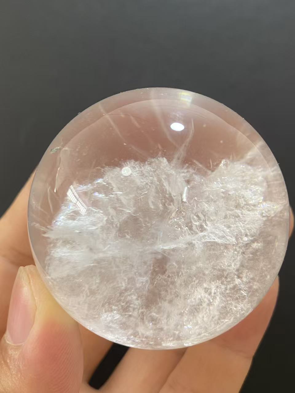 Natural Clear Quartz Sphere With Inner White Mineral Inclusions, Decorative Mineral Ornament