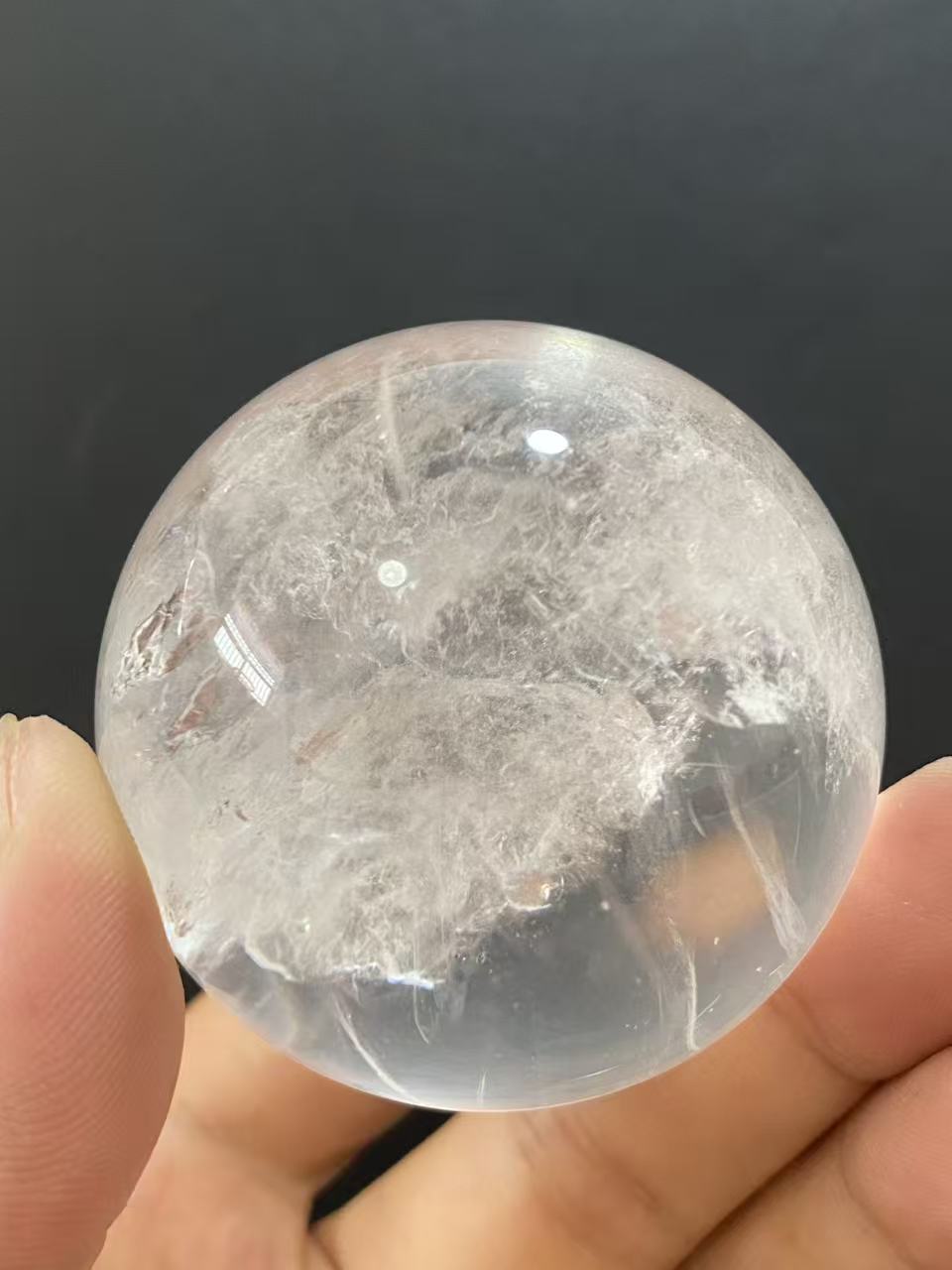 Natural Clear Quartz Sphere With Inner White Mineral Inclusions, Decorative Mineral Ornament