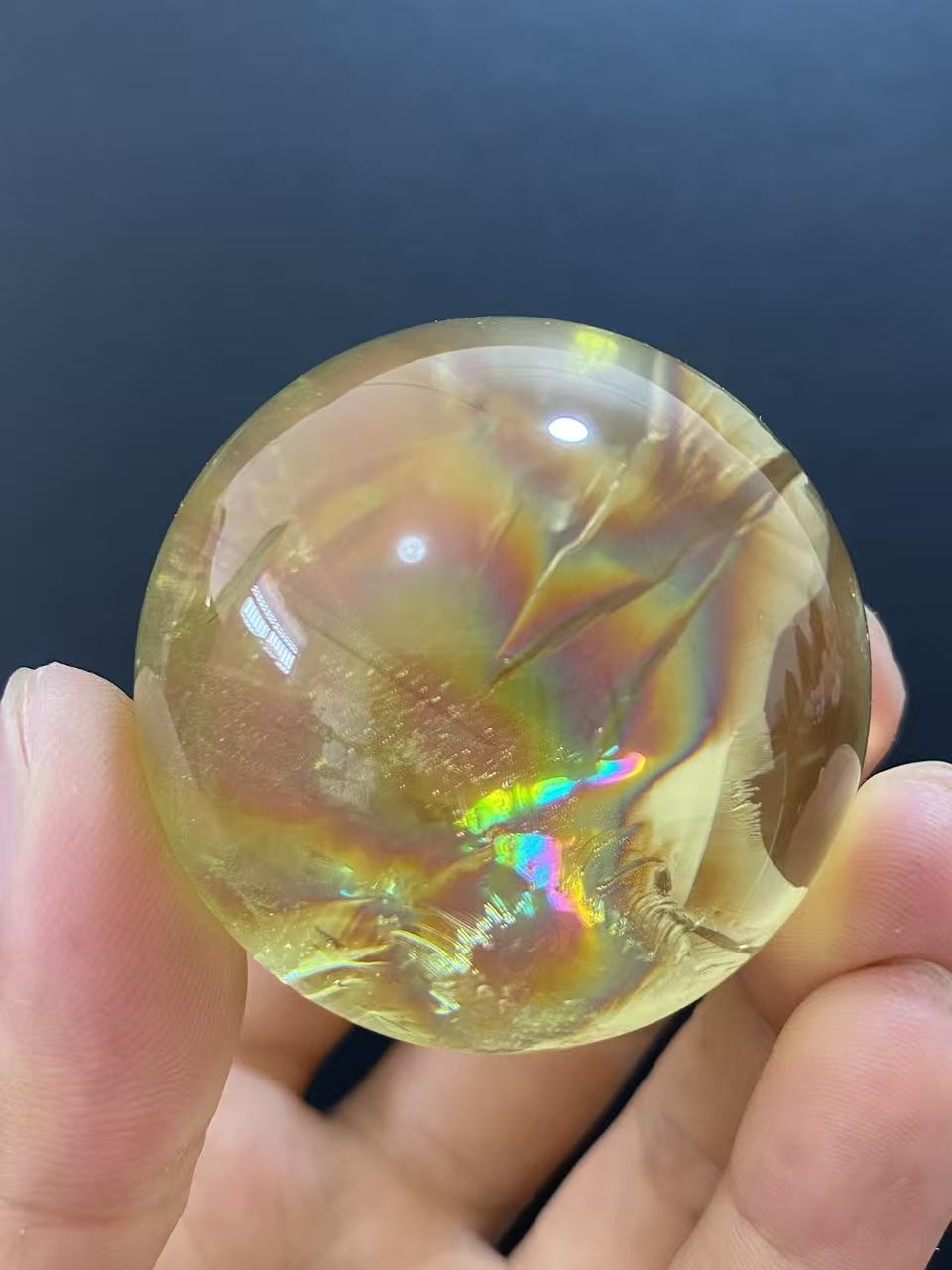 Natural Citrine Sphere with Internal Rainbows, Decorative Mineral Ornament