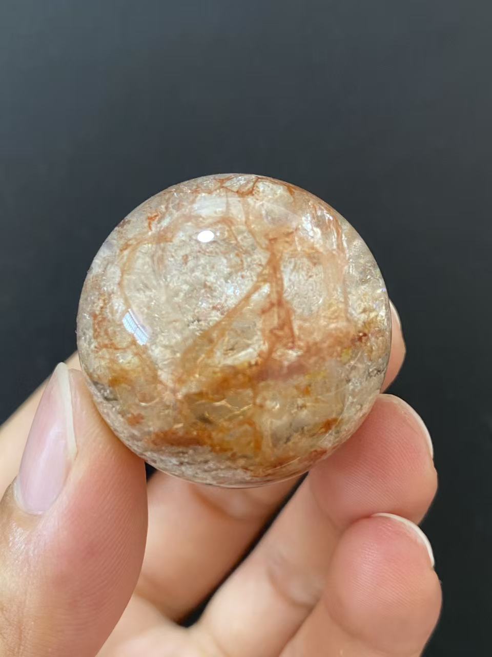Natural Thousand Layer White Phantom Sphere With Red Hematoid Inclusions