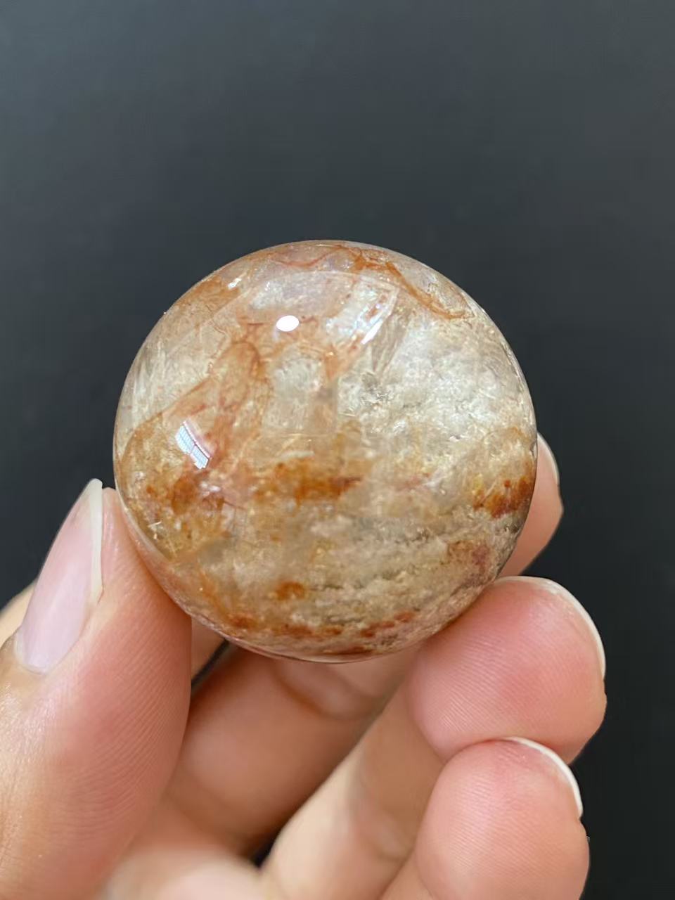 Natural Thousand Layer White Phantom Sphere With Red Hematoid Inclusions