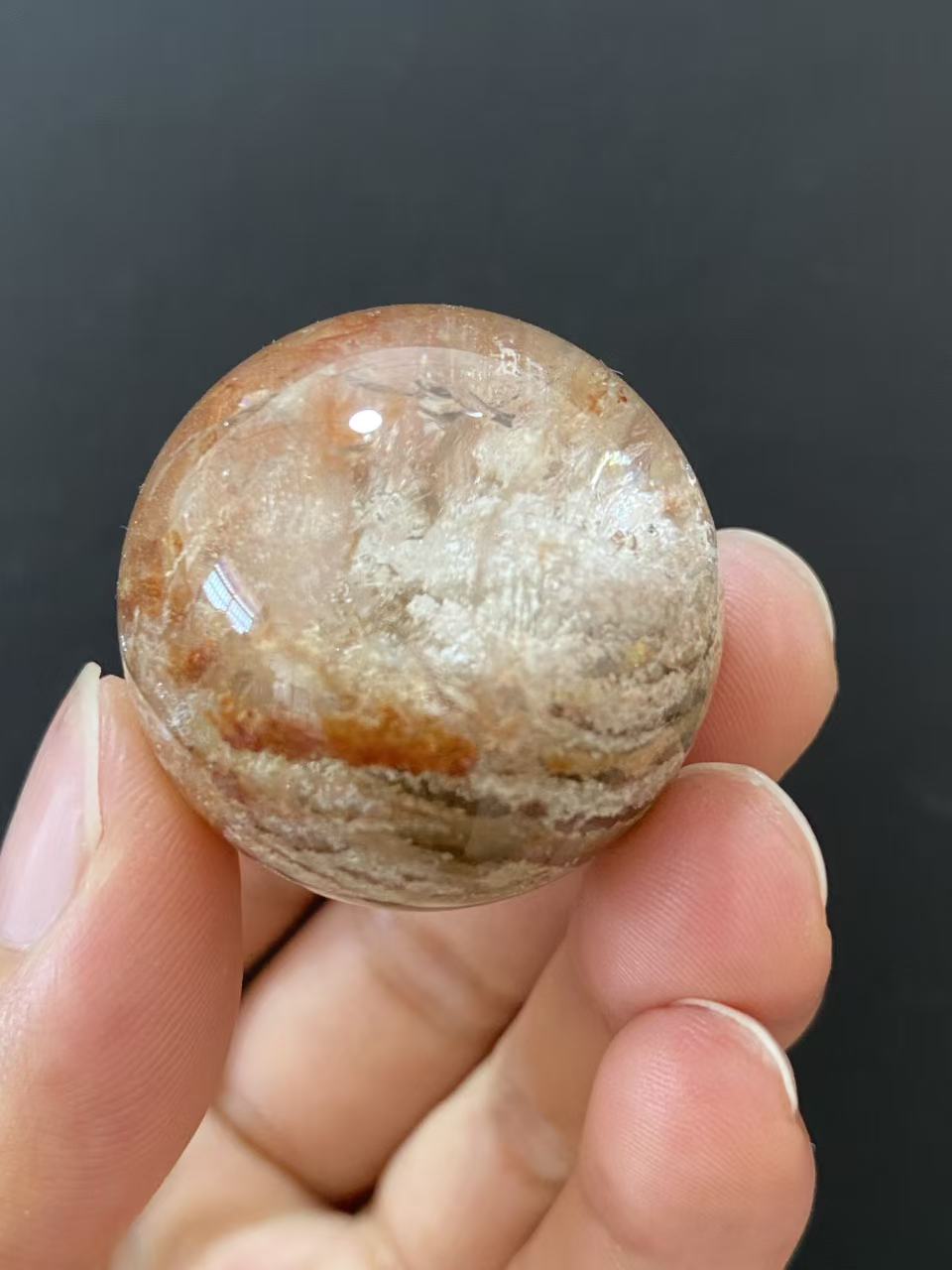 Natural Thousand Layer White Phantom Sphere With Red Hematoid Inclusions