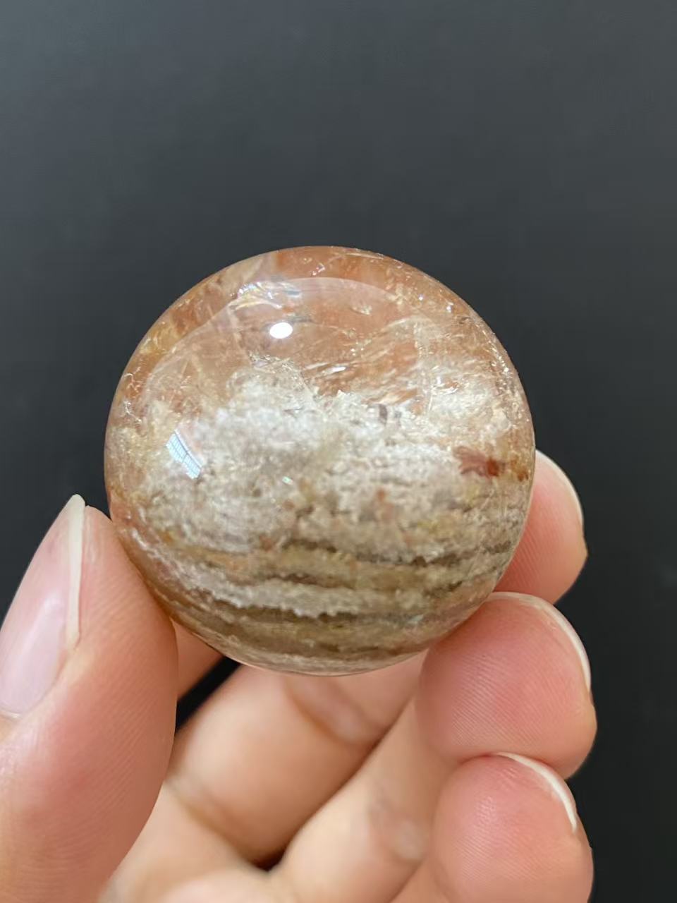 Natural Thousand Layer White Phantom Sphere With Red Hematoid Inclusions
