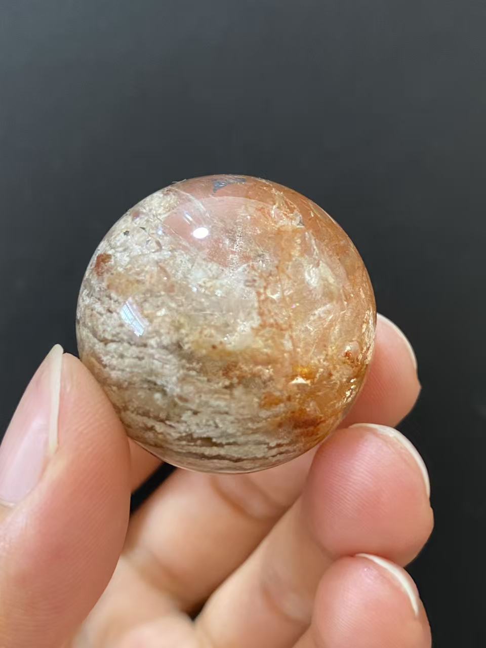 Natural Thousand Layer White Phantom Sphere With Red Hematoid Inclusions