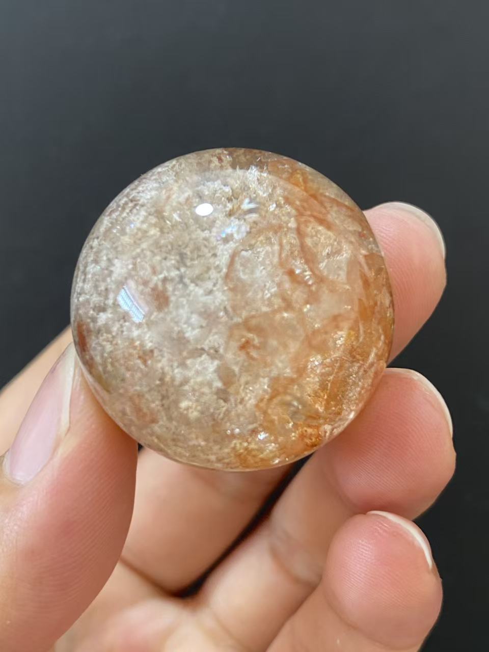 Natural Thousand Layer White Phantom Sphere With Red Hematoid Inclusions