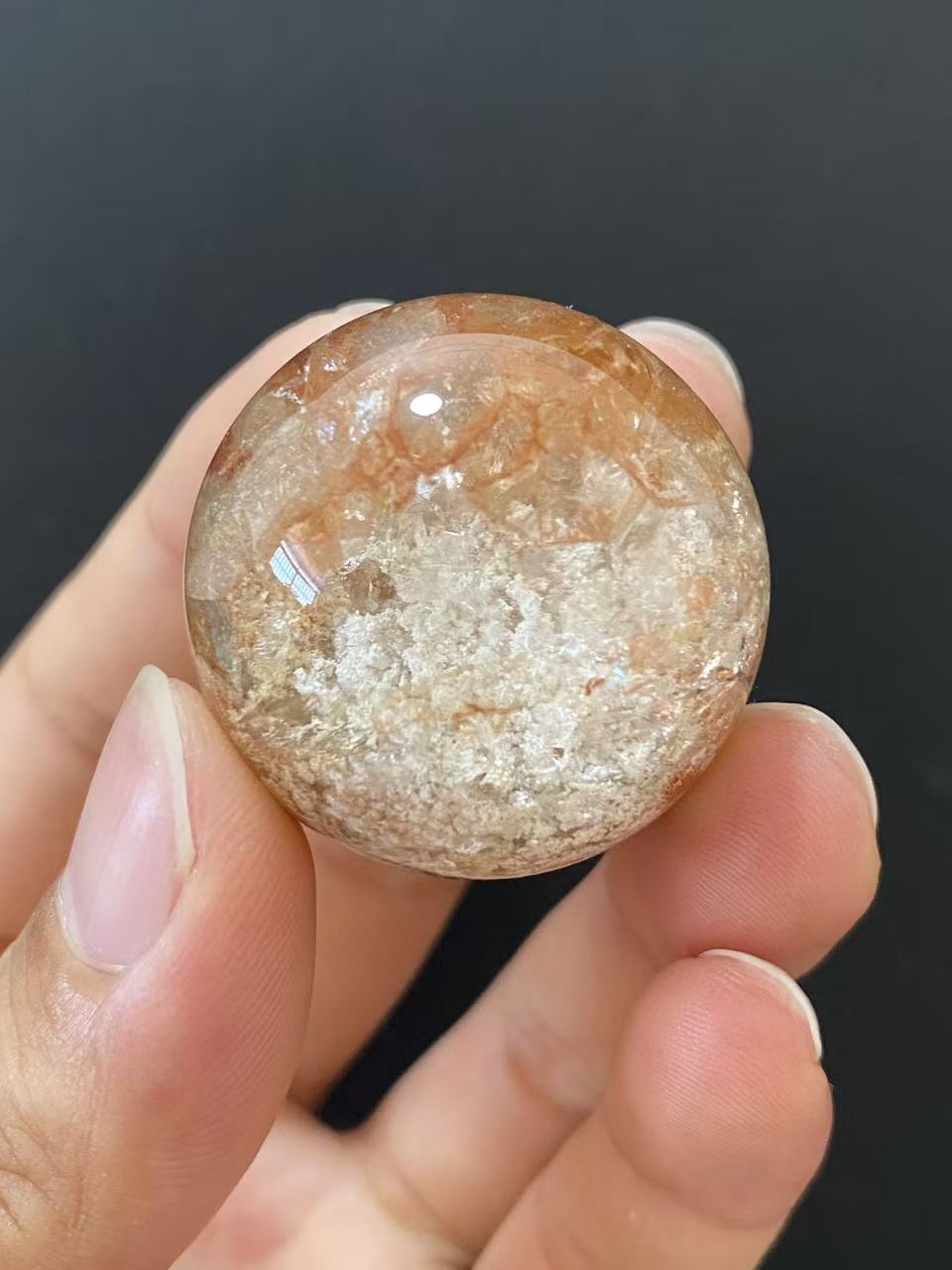 Natural Thousand Layer White Phantom Sphere With Red Hematoid Inclusions