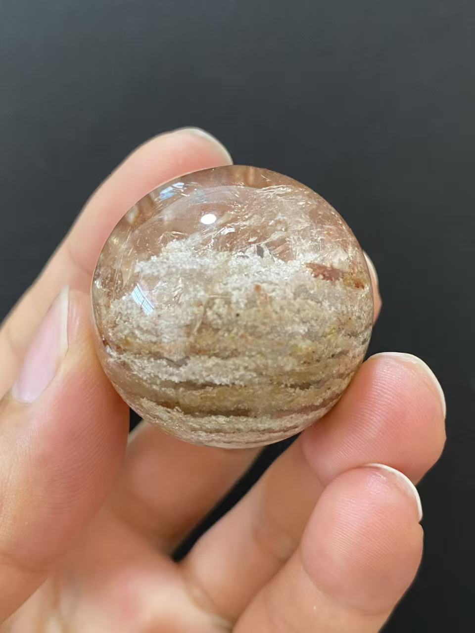 Natural Thousand Layer White Phantom Sphere With Red Hematoid Inclusions