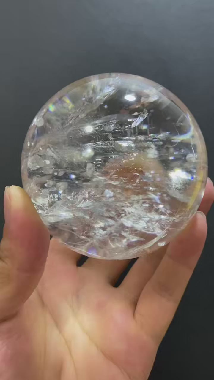 Natural White Quartz Crystal Ball with Inner Rainbow | Hand-Polished Sphere for Shelf Decor