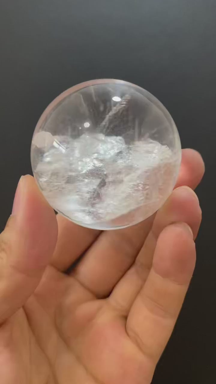 Natural Clear Quartz Sphere With Inner White Mineral Inclusions, Decorative Mineral Ornament