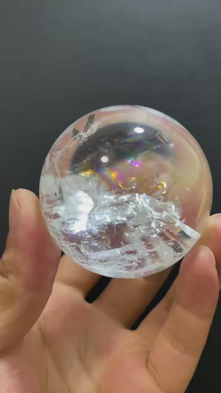 Natural Clear Quartz Sphere with Rainbow Inclusions — Hand-Polished Crystal Ball for Home Decor