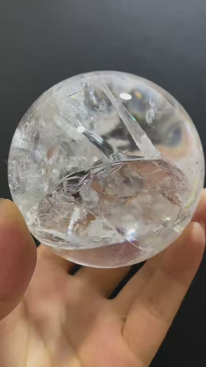 Natural Clear Quartz with Internal Fracture Patterns | Polished Crystal Sphere, Room Decor