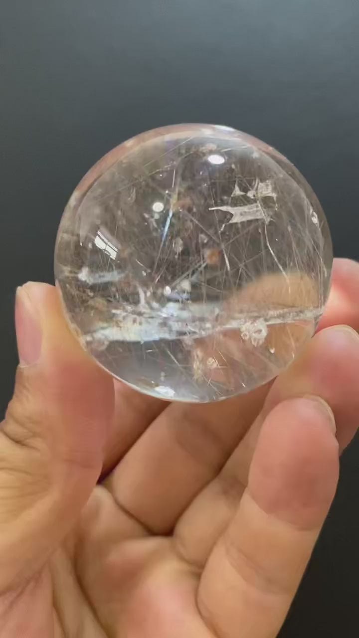 Natural Silver Rutilated Quartz Sphere With Inner Silvery Needle‑Shaped Rutile Inclusions, Decorative Mineral Ornament