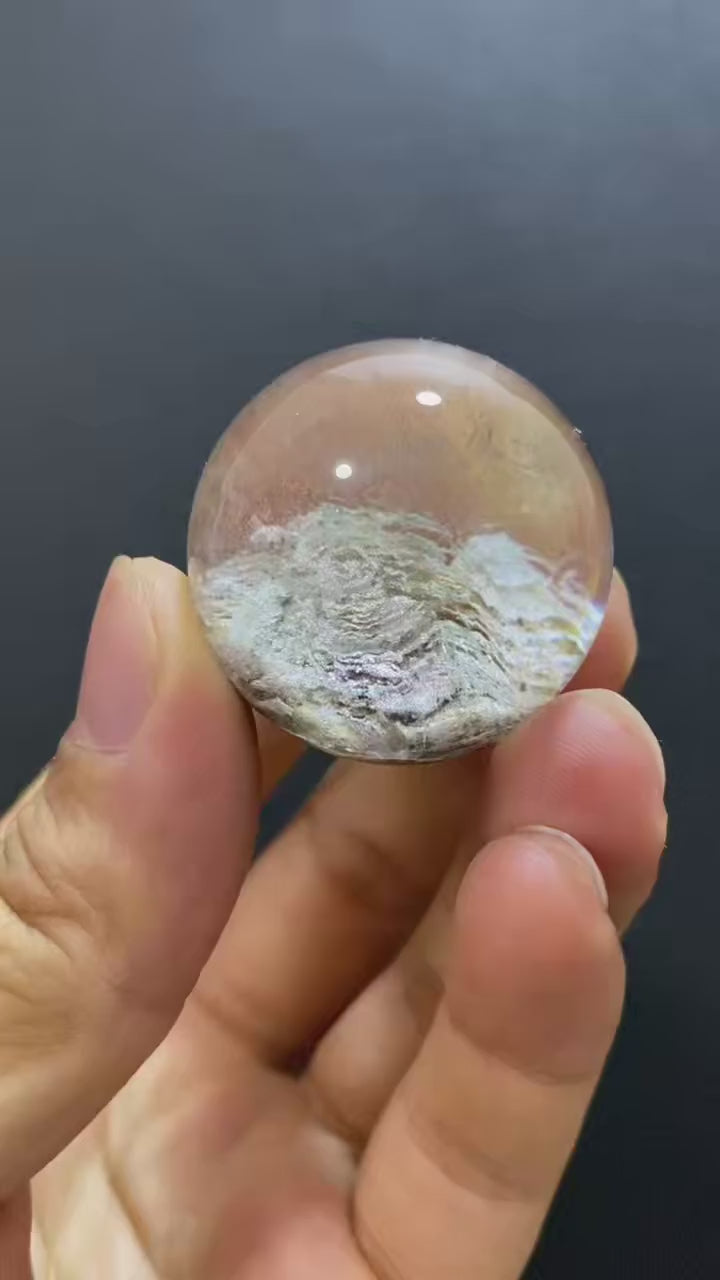 Natural Phantom Quartz Crystal Ball with Scenic Mountain Inclusions | Hand-Polished Sphere for Display