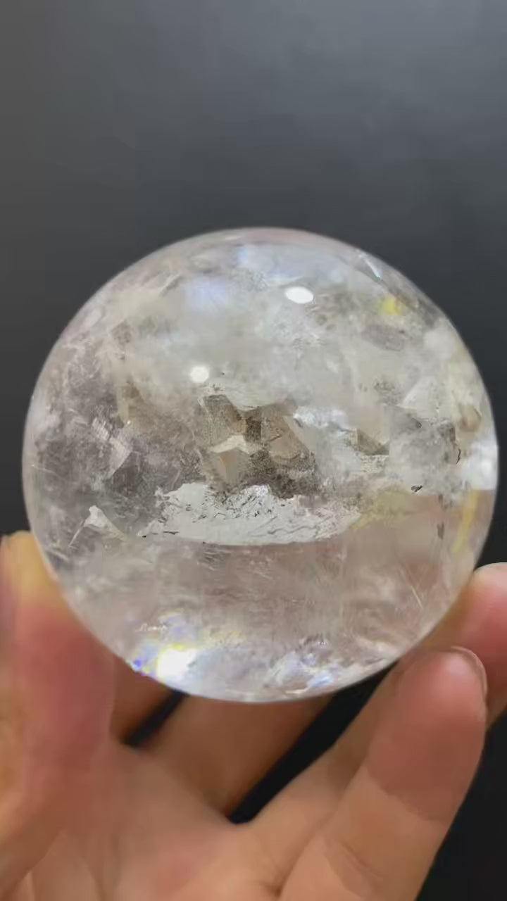 Natural Clear Quartz with Mineral Inclusions & Calcite | Polished Crystal Sphere, Room Decor
