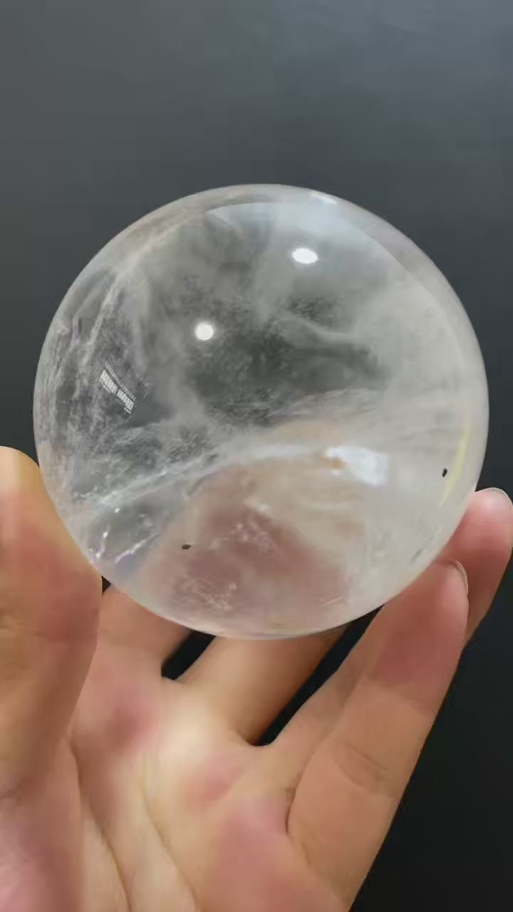 Natural Clear Quartz Sphere with Black Inclusions — Hand-Polished Crystal Ball for Home Decor
